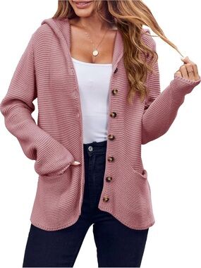 Women's Chunky Knit Cardigan Sweater Hooded Open Front Pink Size Small